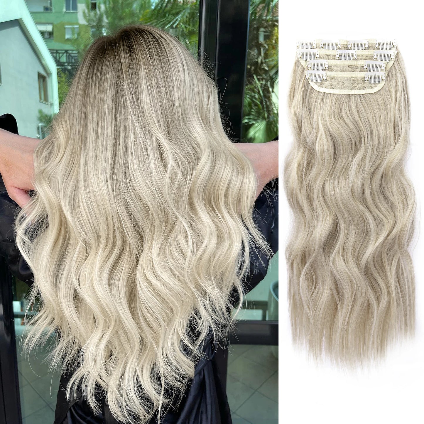 4PCS Clip-In Hair Extensions 20 Inch Long Wavy Synthetic Hair for Women – Thick Full Head Hairpieces with Secure Clips, Ombre Colour Blend, Natural Lo - MONA HAIR 