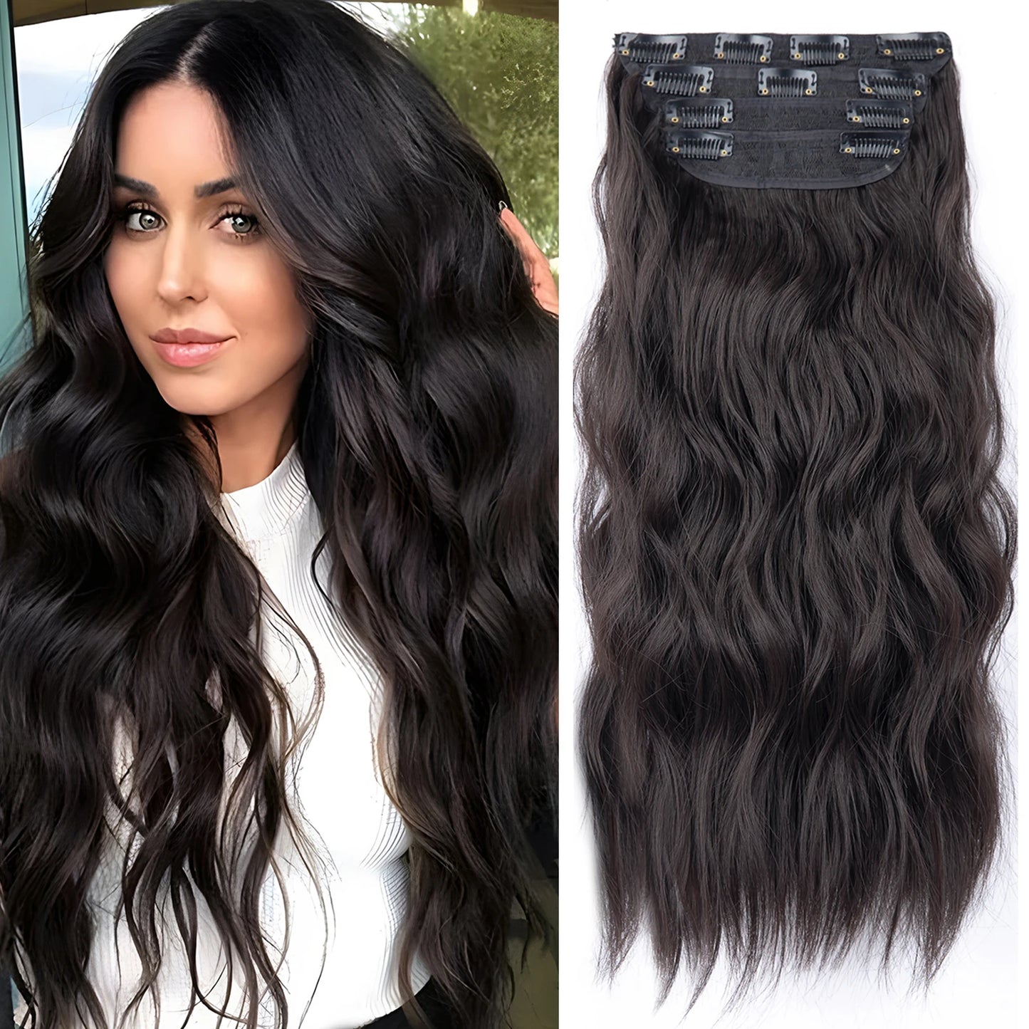 4PCS Clip-In Hair Extensions 20 Inch Long Wavy Synthetic Hair for Women – Thick Full Head Hairpieces with Secure Clips, Ombre Colour Blend, Natural Lo - MONA HAIR 