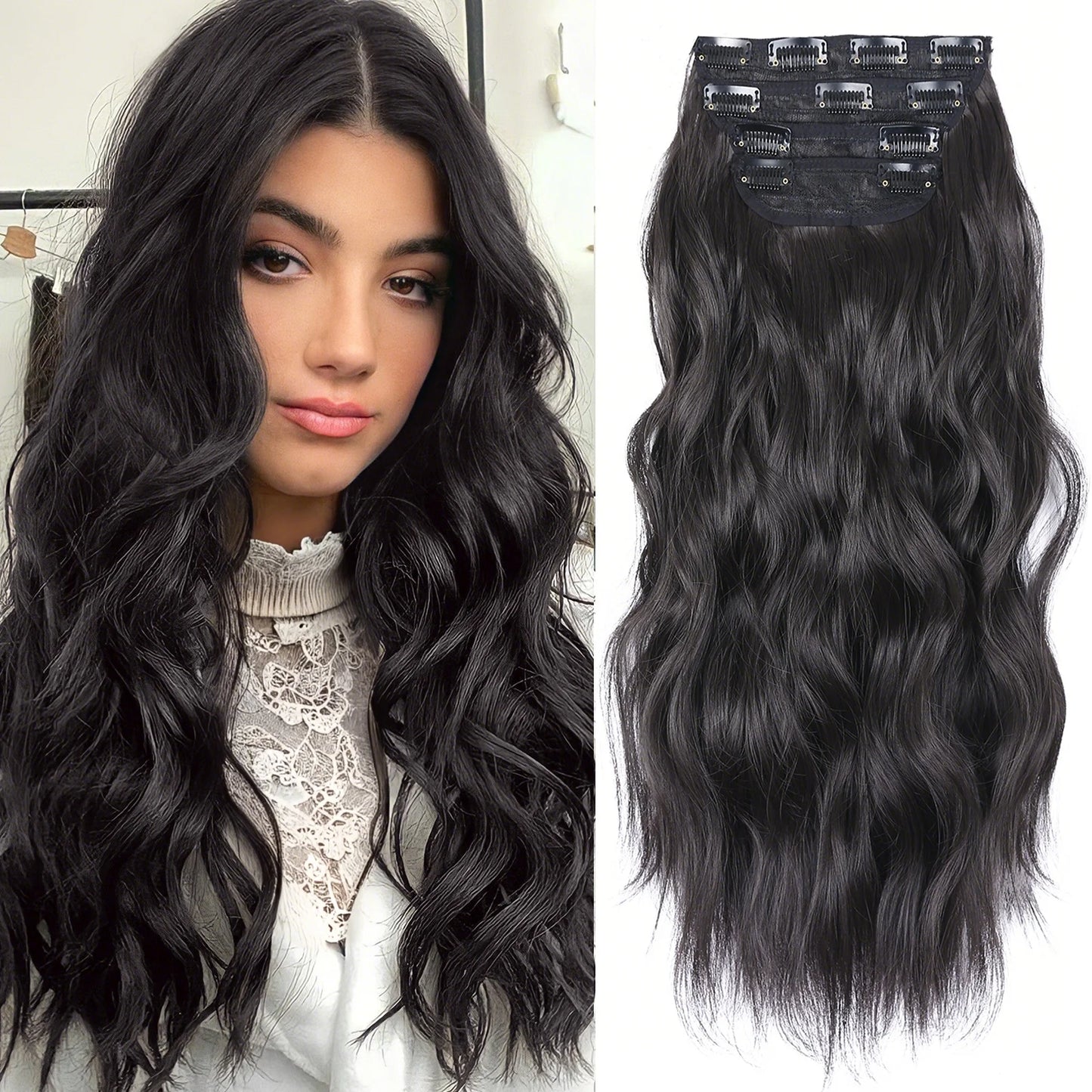 4PCS Clip-In Hair Extensions 20 Inch Long Wavy Synthetic Hair for Women – Thick Full Head Hairpieces with Secure Clips, Ombre Colour Blend, Natural Lo - MONA HAIR 