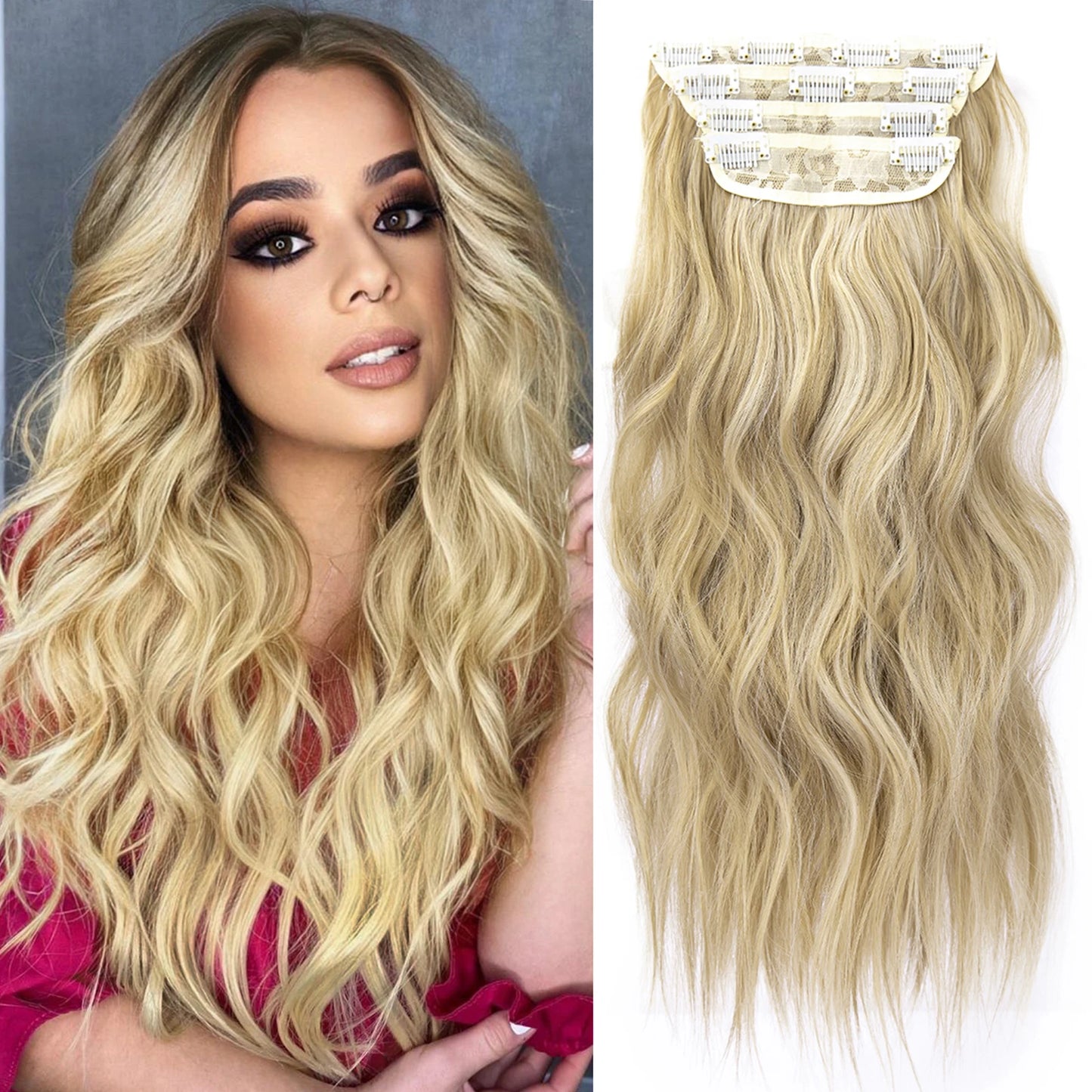4PCS Clip-In Hair Extensions 20 Inch Long Wavy Synthetic Hair for Women – Thick Full Head Hairpieces with Secure Clips, Ombre Colour Blend, Natural Lo - MONA HAIR 