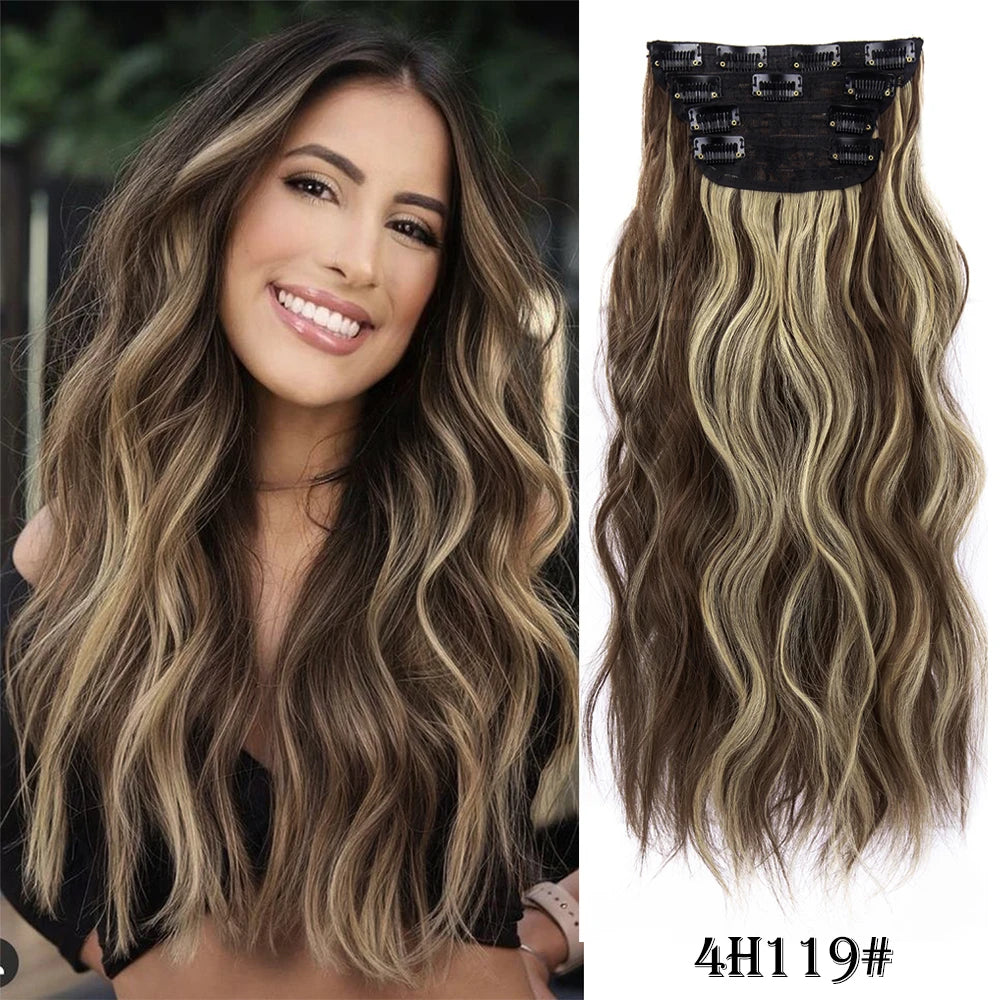 4PCS Clip-In Hair Extensions 20 Inch Long Wavy Synthetic Hair for Women – Thick Full Head Hairpieces with Secure Clips, Ombre Colour Blend, Natural Lo - MONA HAIR 