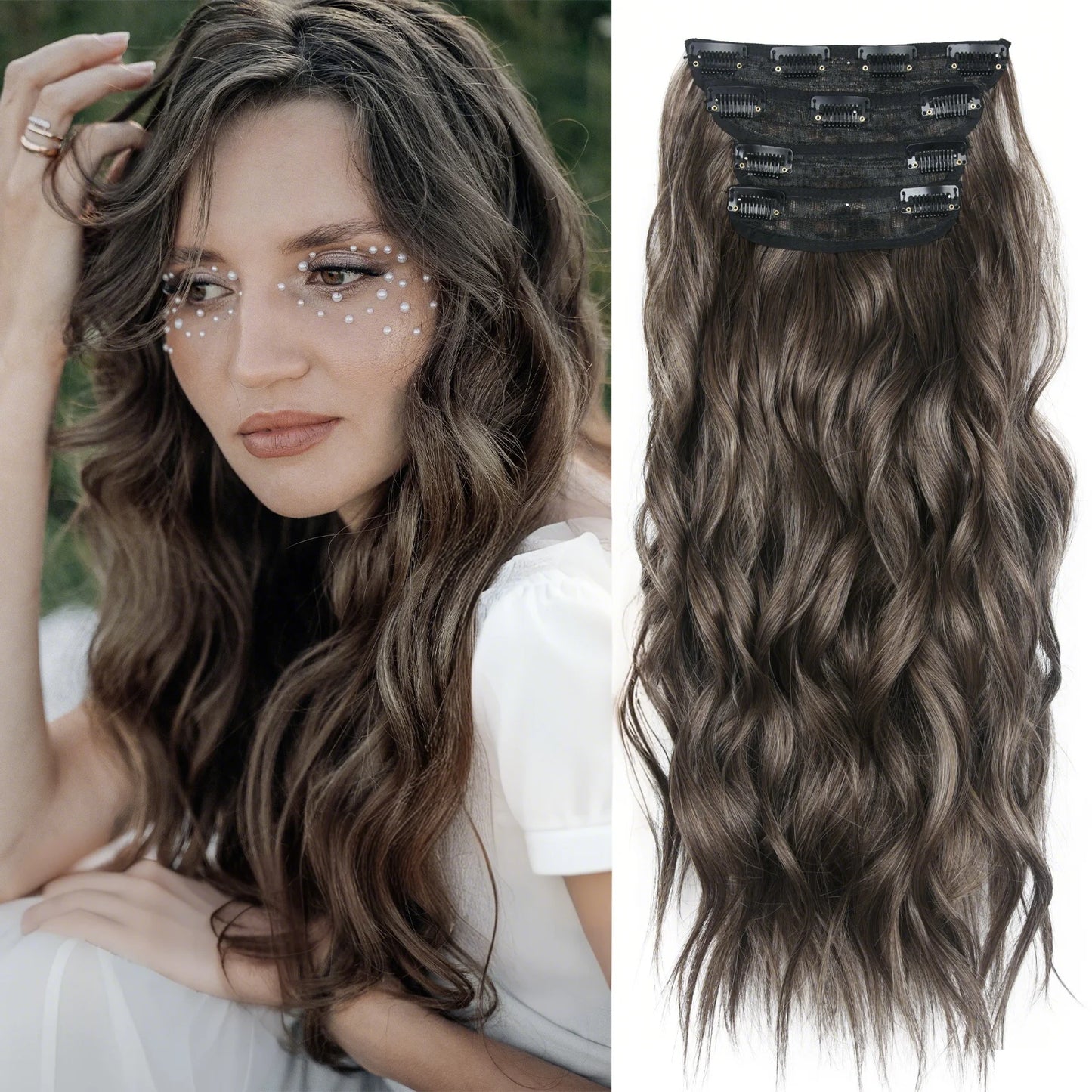 4PCS Clip-In Hair Extensions 20 Inch Long Wavy Synthetic Hair for Women – Thick Full Head Hairpieces with Secure Clips, Ombre Colour Blend, Natural Lo - MONA HAIR 