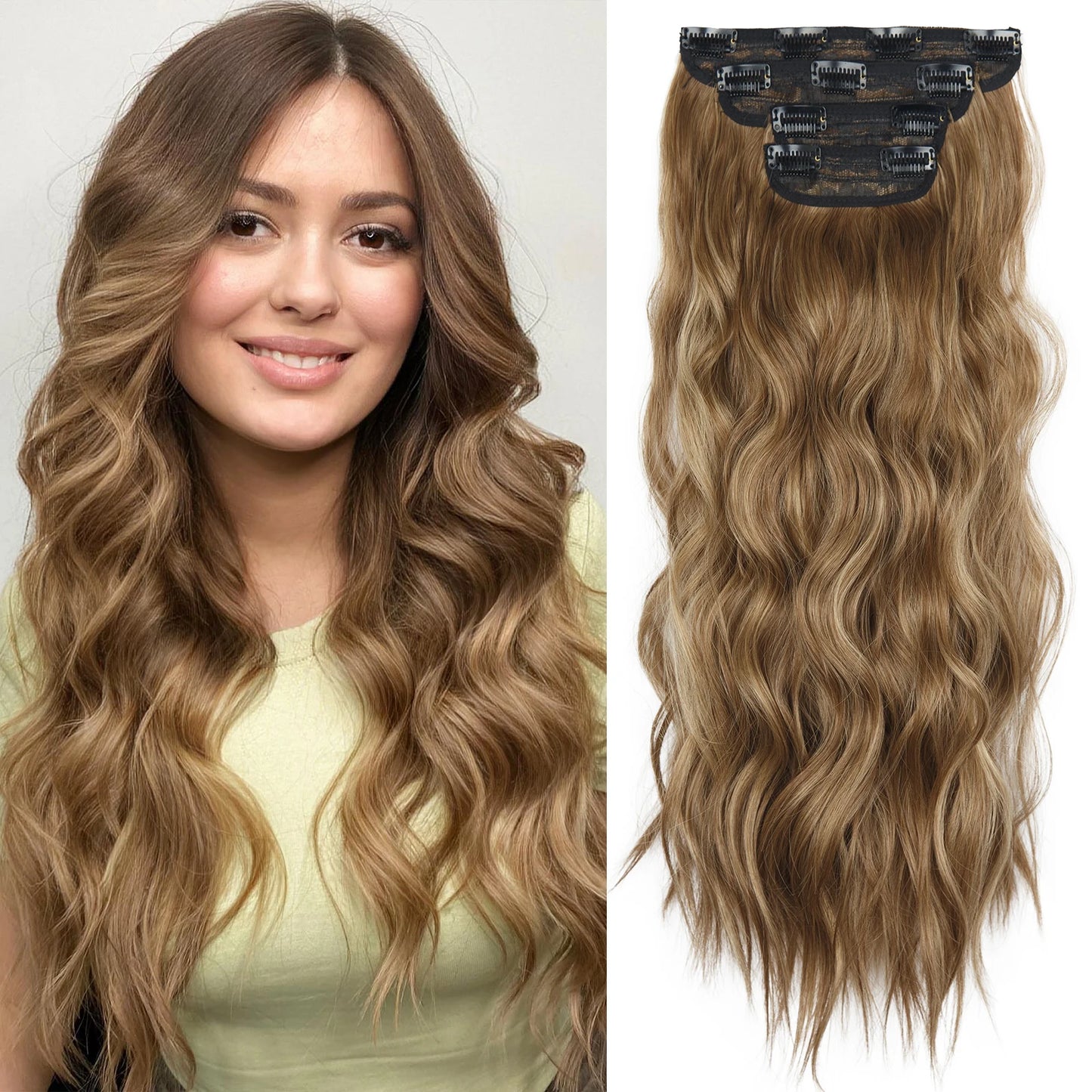 4PCS Clip-In Hair Extensions 20 Inch Long Wavy Synthetic Hair for Women – Thick Full Head Hairpieces with Secure Clips, Ombre Colour Blend, Natural Lo - MONA HAIR 