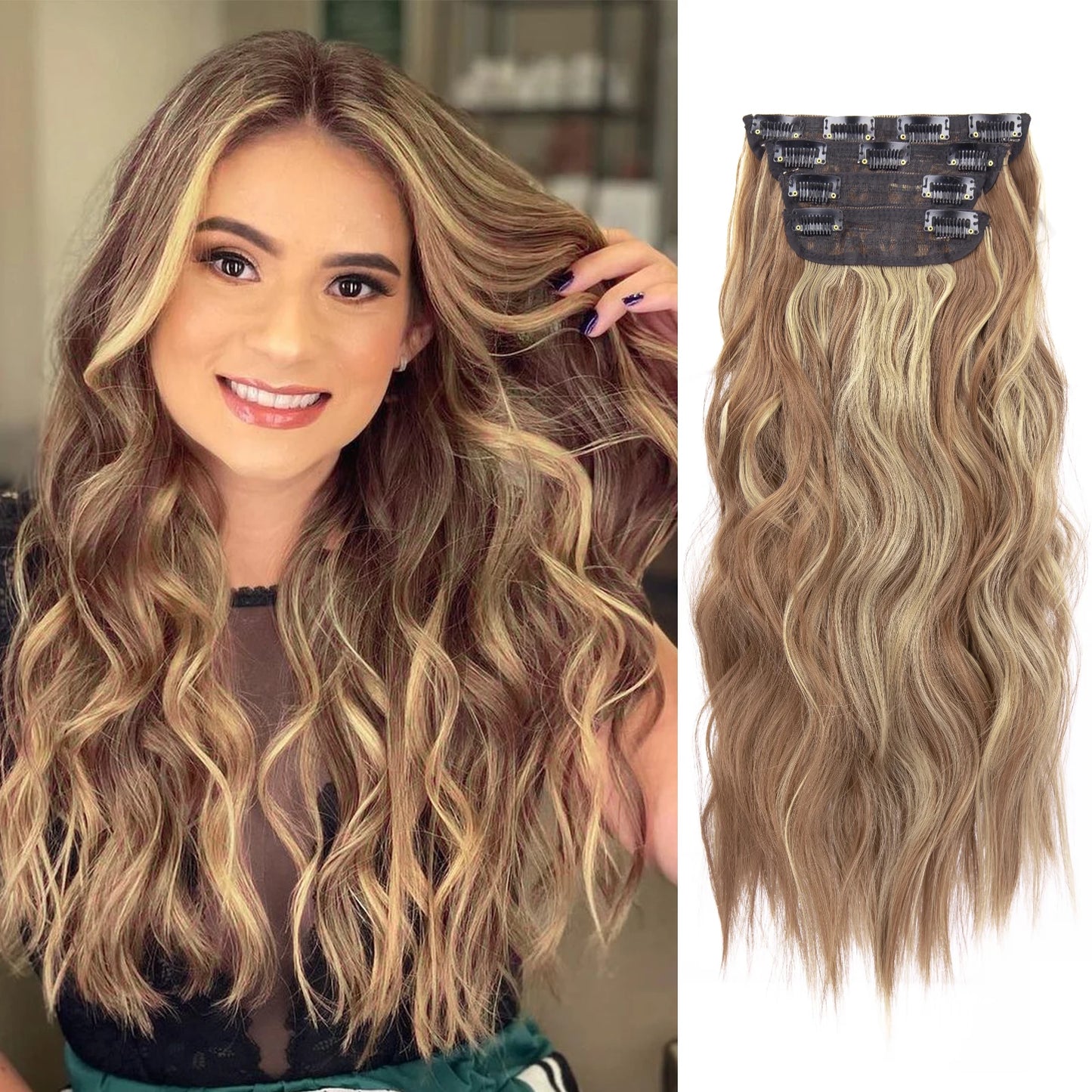 4PCS Clip-In Hair Extensions 20 Inch Long Wavy Synthetic Hair for Women – Thick Full Head Hairpieces with Secure Clips, Ombre Colour Blend, Natural Lo - MONA HAIR 