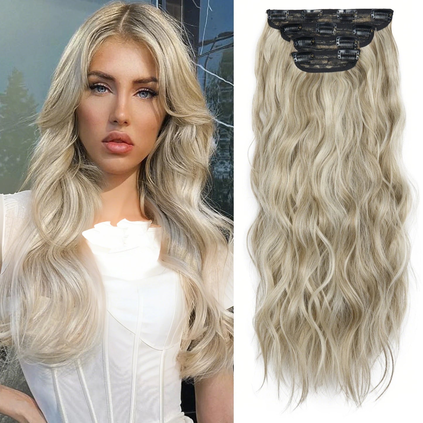 4PCS Clip-In Hair Extensions 20 Inch Long Wavy Synthetic Hair for Women – Thick Full Head Hairpieces with Secure Clips, Ombre Colour Blend, Natural Lo - MONA HAIR 