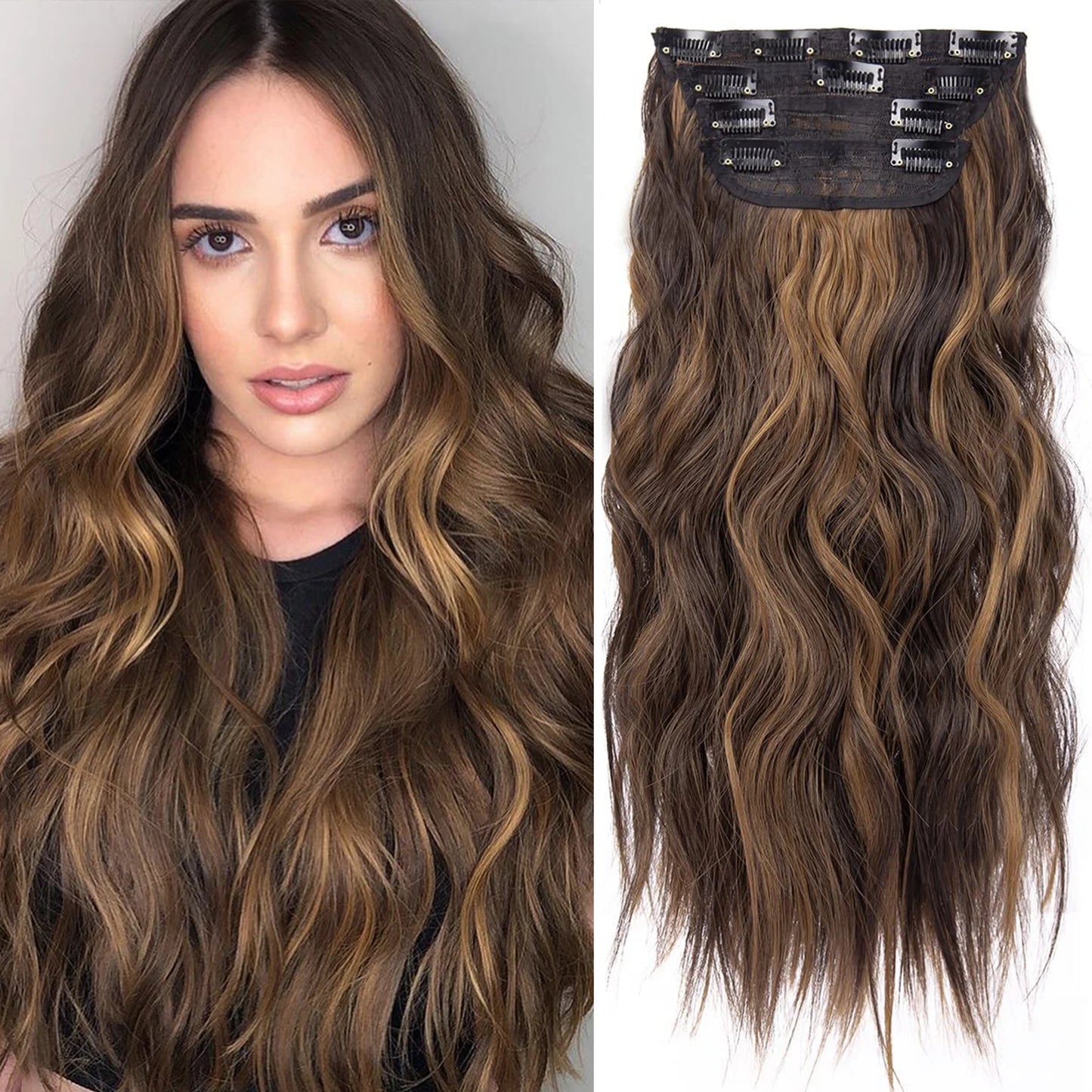 4PCS Clip-In Hair Extensions 20 Inch Long Wavy Synthetic Hair for Women – Thick Full Head Hairpieces with Secure Clips, Ombre Colour Blend, Natural Lo - MONA HAIR 