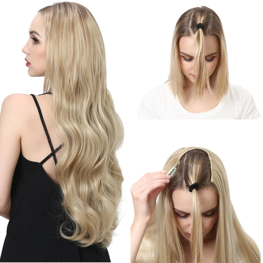 MONA PREMIUM QUALITY 30 Inch Glueless U Part Wigs Invisible Clip in Hair Extension Head 3/4 Curly Black Blonde Dark Brown Wig - MONA HAIR 