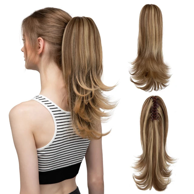 MONA PREMIUM QUALITY  Elegant Synthetic Claw Clip In Ponytail Hair Extensions 14 Inch Wavy Hairpiece Fake Blonde Black Hair False Pigtail With Elastic Band - MONA HAIR 