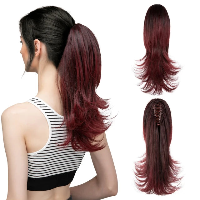 MONA PREMIUM QUALITY  Elegant Synthetic Claw Clip In Ponytail Hair Extensions 14 Inch Wavy Hairpiece Fake Blonde Black Hair False Pigtail With Elastic Band - MONA HAIR 