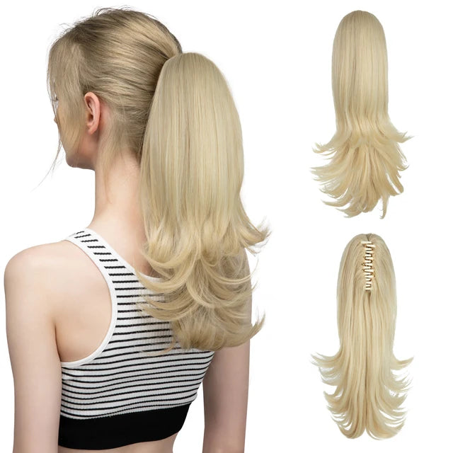 MONA PREMIUM QUALITY  Elegant Synthetic Claw Clip In Ponytail Hair Extensions 14 Inch Wavy Hairpiece Fake Blonde Black Hair False Pigtail With Elastic Band - MONA HAIR 