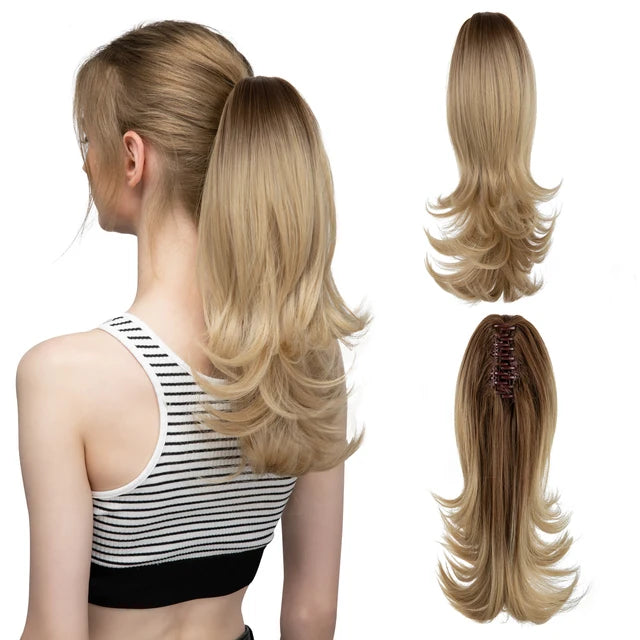 MONA PREMIUM QUALITY  Elegant Synthetic Claw Clip In Ponytail Hair Extensions 14 Inch Wavy Hairpiece Fake Blonde Black Hair False Pigtail With Elastic Band - MONA HAIR 
