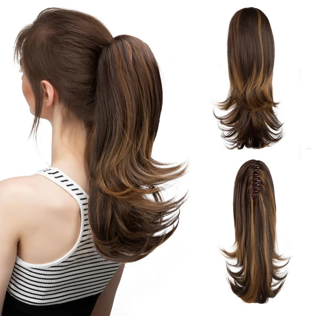 MONA PREMIUM QUALITY  Elegant Synthetic Claw Clip In Ponytail Hair Extensions 14 Inch Wavy Hairpiece Fake Blonde Black Hair False Pigtail With Elastic Band - MONA HAIR 
