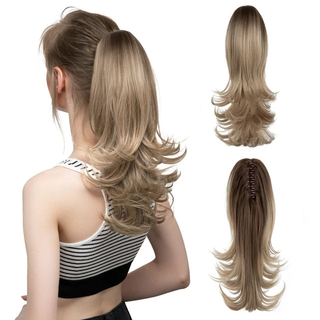 MONA PREMIUM QUALITY  Elegant Synthetic Claw Clip In Ponytail Hair Extensions 14 Inch Wavy Hairpiece Fake Blonde Black Hair False Pigtail With Elastic Band - MONA HAIR 