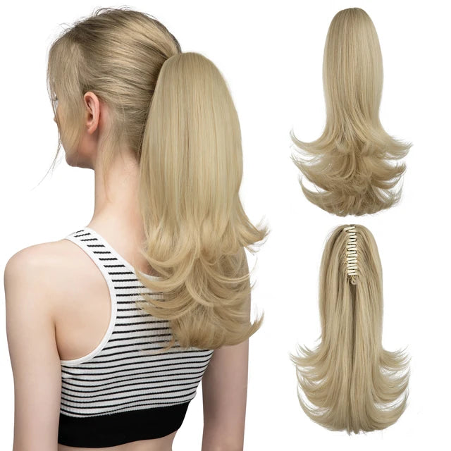 MONA PREMIUM QUALITY  Elegant Synthetic Claw Clip In Ponytail Hair Extensions 14 Inch Wavy Hairpiece Fake Blonde Black Hair False Pigtail With Elastic Band - MONA HAIR 