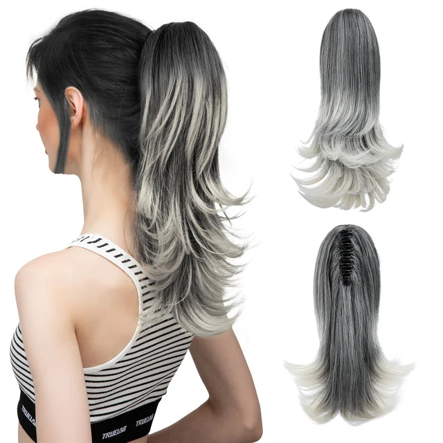 MONA PREMIUM QUALITY  Elegant Synthetic Claw Clip In Ponytail Hair Extensions 14 Inch Wavy Hairpiece Fake Blonde Black Hair False Pigtail With Elastic Band - MONA HAIR 