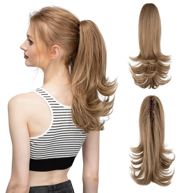 MONA PREMIUM QUALITY  Elegant Synthetic Claw Clip In Ponytail Hair Extensions 14 Inch Wavy Hairpiece Fake Blonde Black Hair False Pigtail With Elastic Band - MONA HAIR 