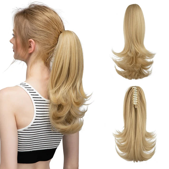 MONA PREMIUM QUALITY  Elegant Synthetic Claw Clip In Ponytail Hair Extensions 14 Inch Wavy Hairpiece Fake Blonde Black Hair False Pigtail With Elastic Band - MONA HAIR 