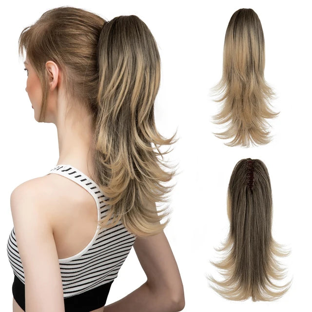 MONA PREMIUM QUALITY  Elegant Synthetic Claw Clip In Ponytail Hair Extensions 14 Inch Wavy Hairpiece Fake Blonde Black Hair False Pigtail With Elastic Band - MONA HAIR 