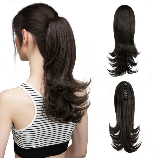 MONA PREMIUM QUALITY  Elegant Synthetic Claw Clip In Ponytail Hair Extensions 14 Inch Wavy Hairpiece Fake Blonde Black Hair False Pigtail With Elastic Band - MONA HAIR 