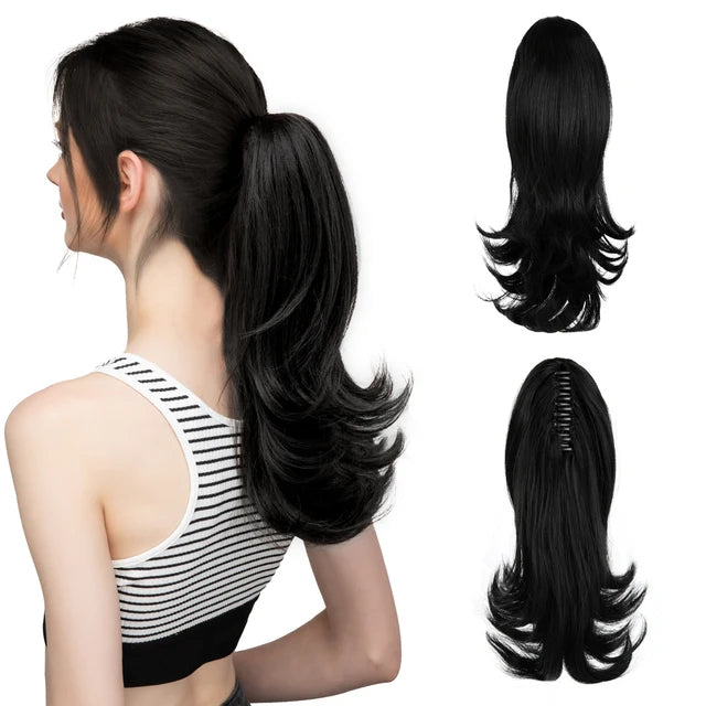 MONA PREMIUM QUALITY  Elegant Synthetic Claw Clip In Ponytail Hair Extensions 14 Inch Wavy Hairpiece Fake Blonde Black Hair False Pigtail With Elastic Band - MONA HAIR 