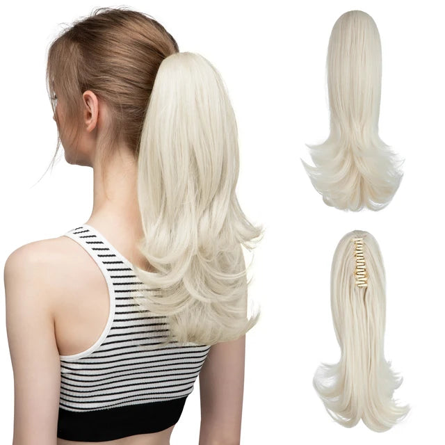 MONA PREMIUM QUALITY  Elegant Synthetic Claw Clip In Ponytail Hair Extensions 14 Inch Wavy Hairpiece Fake Blonde Black Hair False Pigtail With Elastic Band - MONA HAIR 