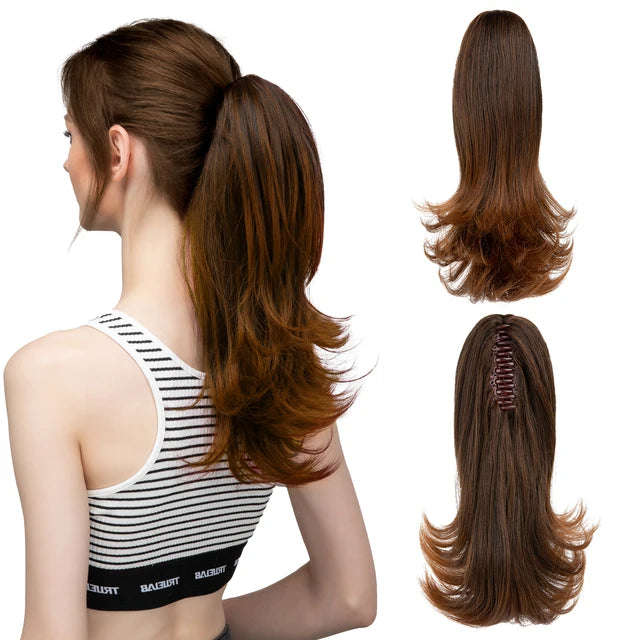 MONA PREMIUM QUALITY  Elegant Synthetic Claw Clip In Ponytail Hair Extensions 14 Inch Wavy Hairpiece Fake Blonde Black Hair False Pigtail With Elastic Band - MONA HAIR 