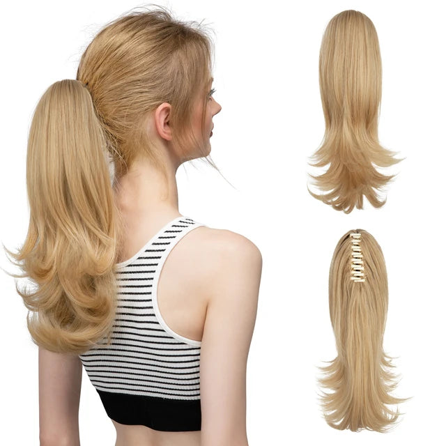 MONA PREMIUM QUALITY  Elegant Synthetic Claw Clip In Ponytail Hair Extensions 14 Inch Wavy Hairpiece Fake Blonde Black Hair False Pigtail With Elastic Band - MONA HAIR 