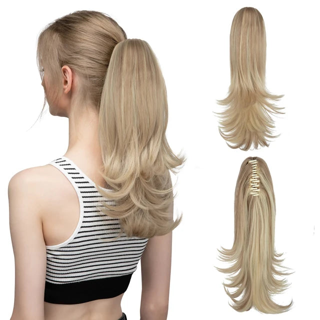 MONA PREMIUM QUALITY  Elegant Synthetic Claw Clip In Ponytail Hair Extensions 14 Inch Wavy Hairpiece Fake Blonde Black Hair False Pigtail With Elastic Band - MONA HAIR 