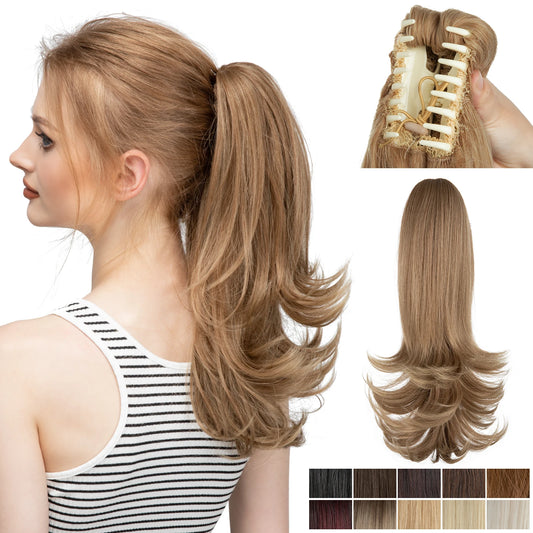 MONA PREMIUM QUALITY  Elegant Synthetic Claw Clip In Ponytail Hair Extensions 14 Inch Wavy Hairpiece Fake Blonde Black Hair False Pigtail With Elastic Band - MONA HAIR 