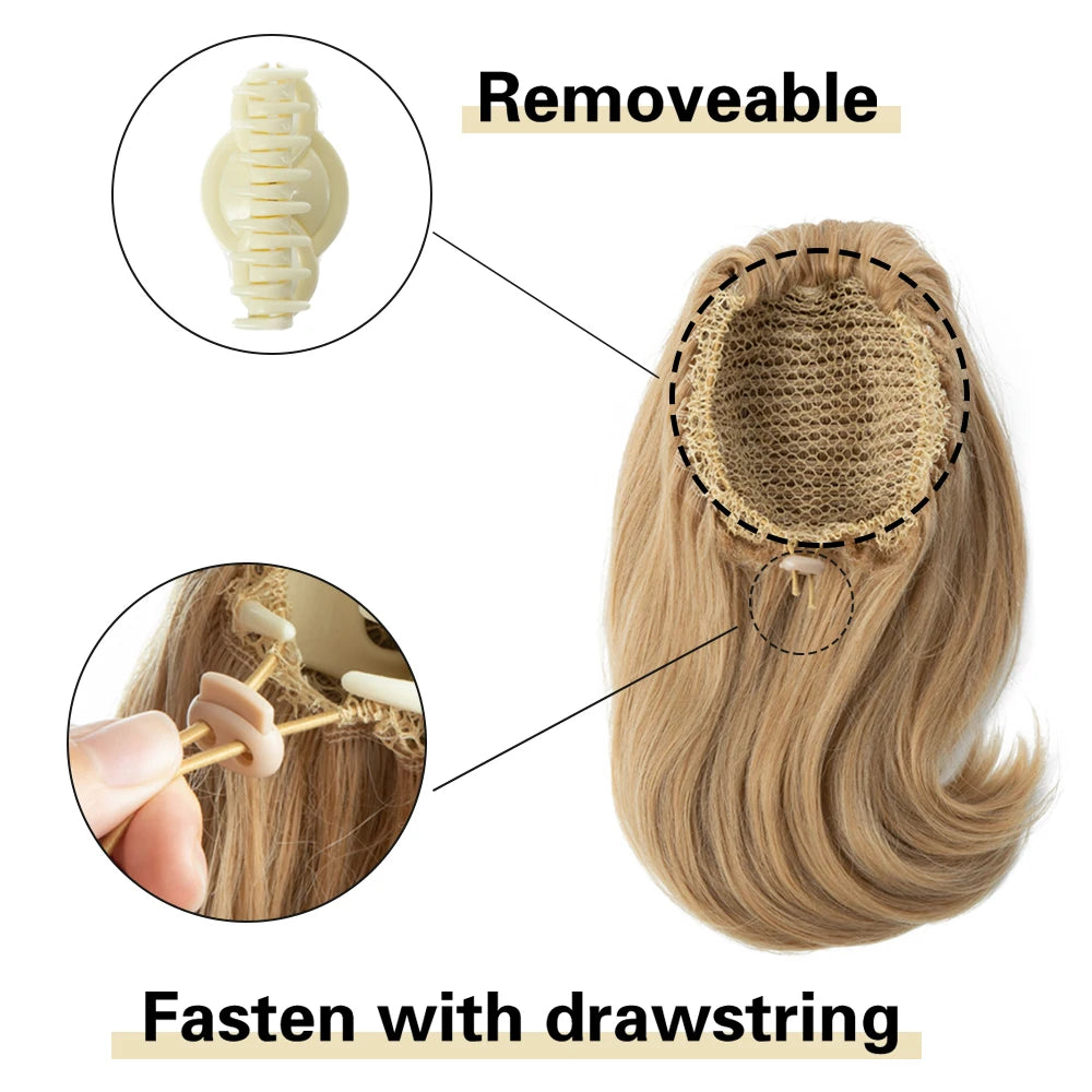 MONA PREMIUM QUALITY  Elegant Synthetic Claw Clip In Ponytail Hair Extensions 14 Inch Wavy Hairpiece Fake Blonde Black Hair False Pigtail With Elastic Band - MONA HAIR 