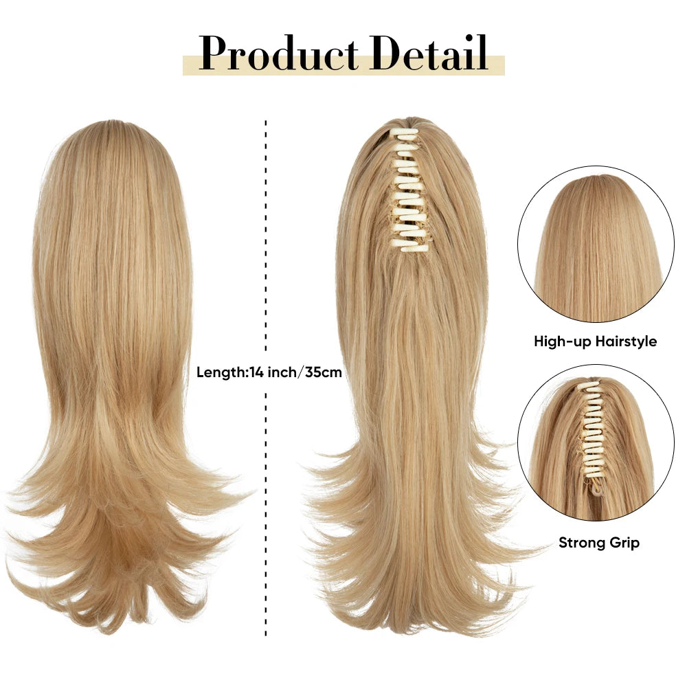 MONA PREMIUM QUALITY  Elegant Synthetic Claw Clip In Ponytail Hair Extensions 14 Inch Wavy Hairpiece Fake Blonde Black Hair False Pigtail With Elastic Band - MONA HAIR 