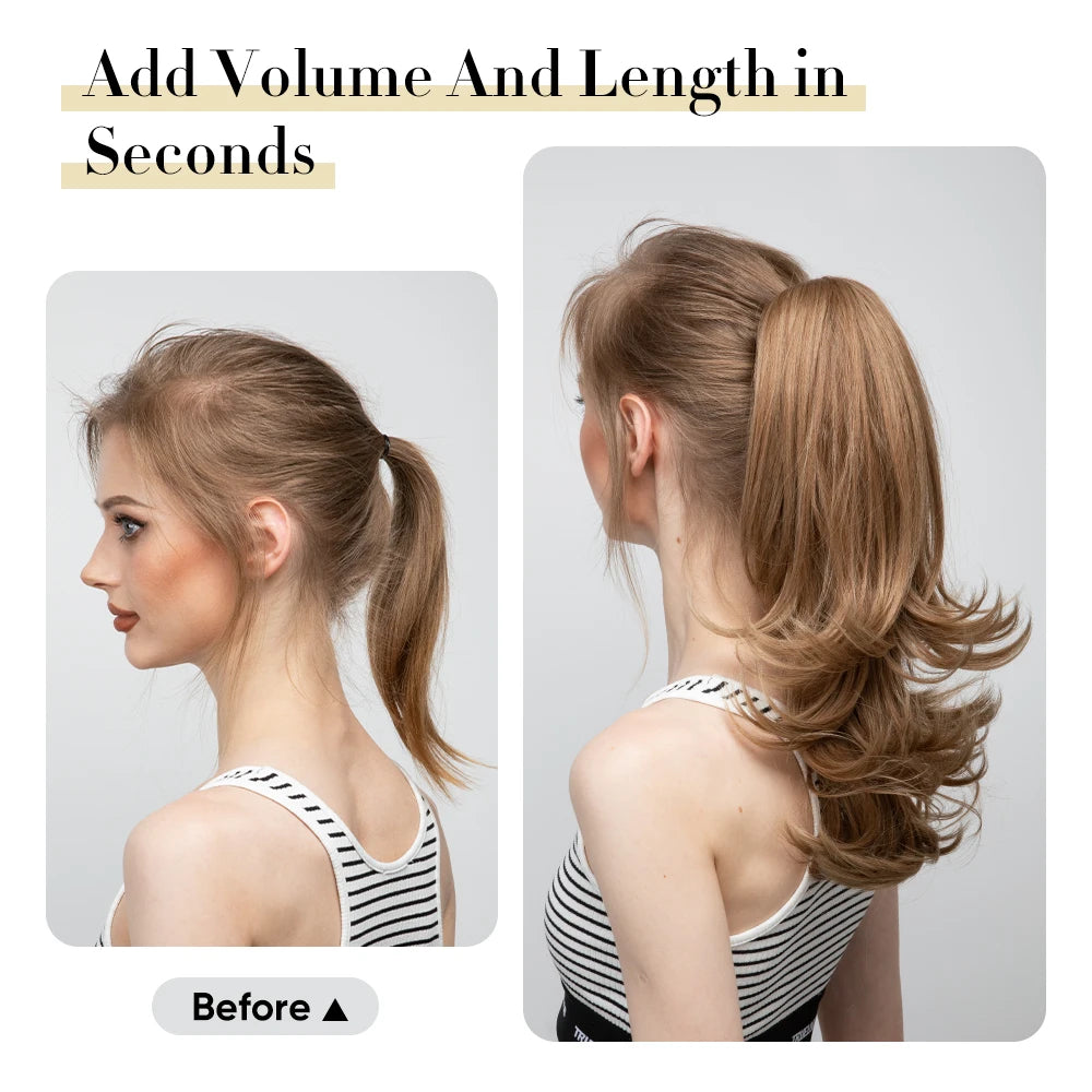 MONA PREMIUM QUALITY  Elegant Synthetic Claw Clip In Ponytail Hair Extensions 14 Inch Wavy Hairpiece Fake Blonde Black Hair False Pigtail With Elastic Band - MONA HAIR 