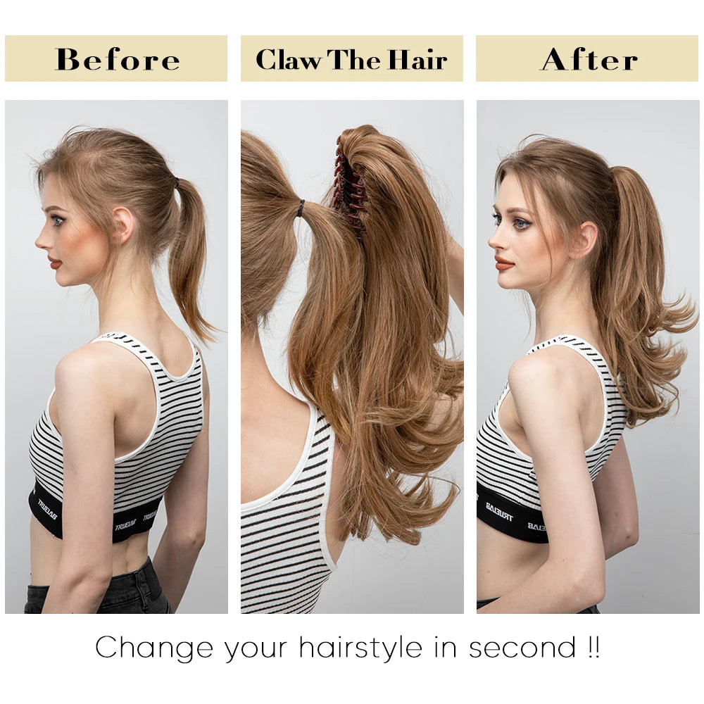 MONA PREMIUM QUALITY  Elegant Synthetic Claw Clip In Ponytail Hair Extensions 14 Inch Wavy Hairpiece Fake Blonde Black Hair False Pigtail With Elastic Band - MONA HAIR 