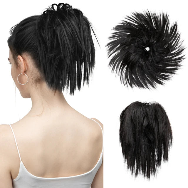 MONA Fake Hair Messy Bun Chignon Elastic Flexible Band Scrunchy Scrunchie Curly Hairpiece Synthetic Extension - MONA HAIR 