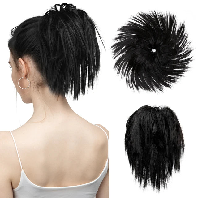 MONA Fake Hair Messy Bun Chignon Elastic Flexible Band Scrunchy Scrunchie Curly Hairpiece Synthetic Extension - MONA HAIR 