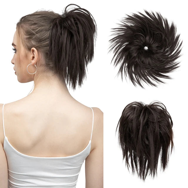 MONA Fake Hair Messy Bun Chignon Elastic Flexible Band Scrunchy Scrunchie Curly Hairpiece Synthetic Extension - MONA HAIR 