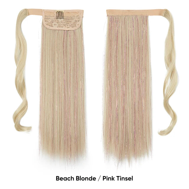 Synthetic Straight Clip in Ponytail Hair Tinsel Kit Strands Fake Hairpiece Wrap Around Sparkle Natural Hair Pigtail For Women - MONA HAIR 