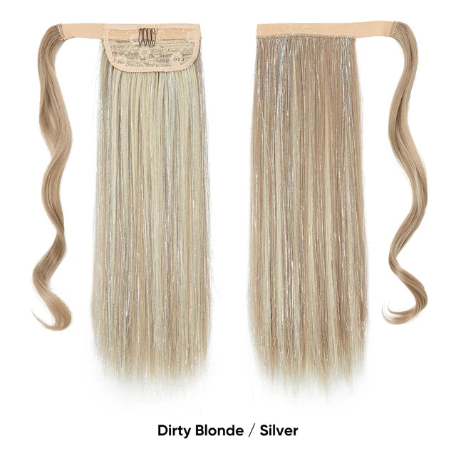 Synthetic Straight Clip in Ponytail Hair Tinsel Kit Strands Fake Hairpiece Wrap Around Sparkle Natural Hair Pigtail For Women - MONA HAIR 