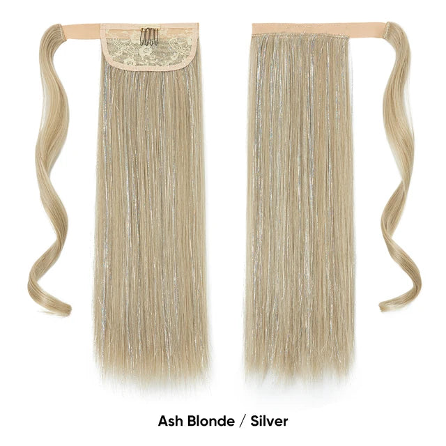 Synthetic Straight Clip in Ponytail Hair Tinsel Kit Strands Fake Hairpiece Wrap Around Sparkle Natural Hair Pigtail For Women - MONA HAIR 