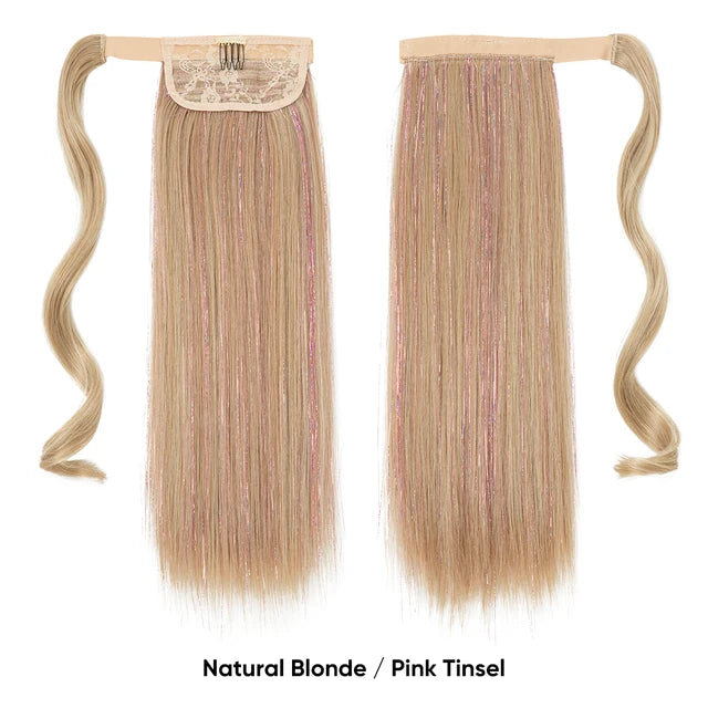 Synthetic Straight Clip in Ponytail Hair Tinsel Kit Strands Fake Hairpiece Wrap Around Sparkle Natural Hair Pigtail For Women - MONA HAIR 