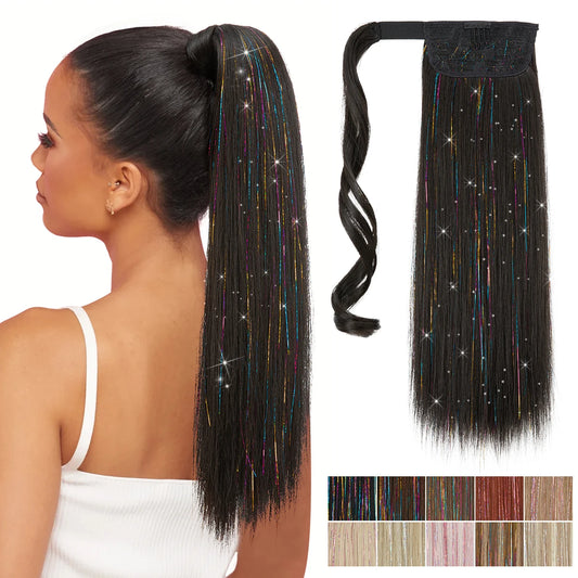 Synthetic Straight Clip in Ponytail Hair Tinsel Kit Strands Fake Hairpiece Wrap Around Sparkle Natural Hair Pigtail For Women - MONA HAIR 
