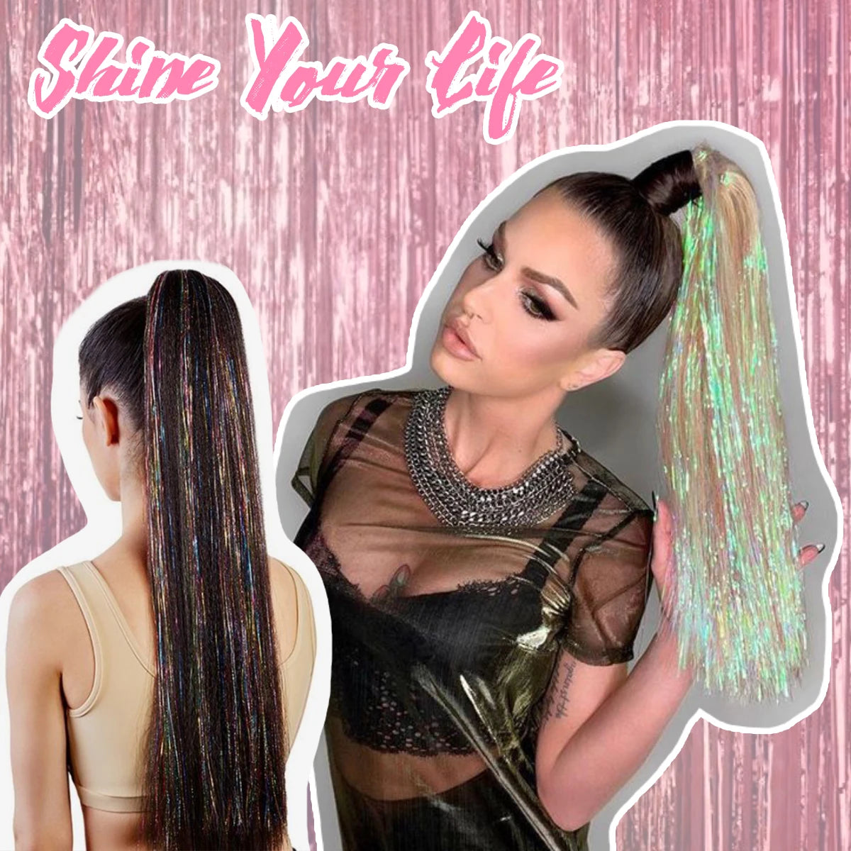 Synthetic Straight Clip in Ponytail Hair Tinsel Kit Strands Fake Hairpiece Wrap Around Sparkle Natural Hair Pigtail For Women - MONA HAIR 