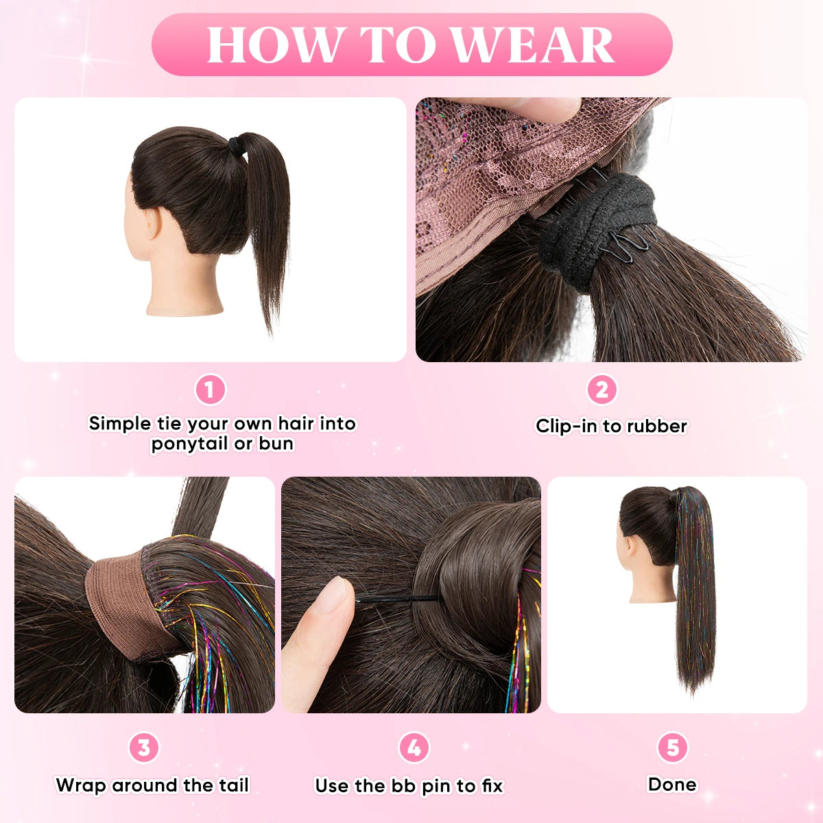 Synthetic Straight Clip in Ponytail Hair Tinsel Kit Strands Fake Hairpiece Wrap Around Sparkle Natural Hair Pigtail For Women - MONA HAIR 
