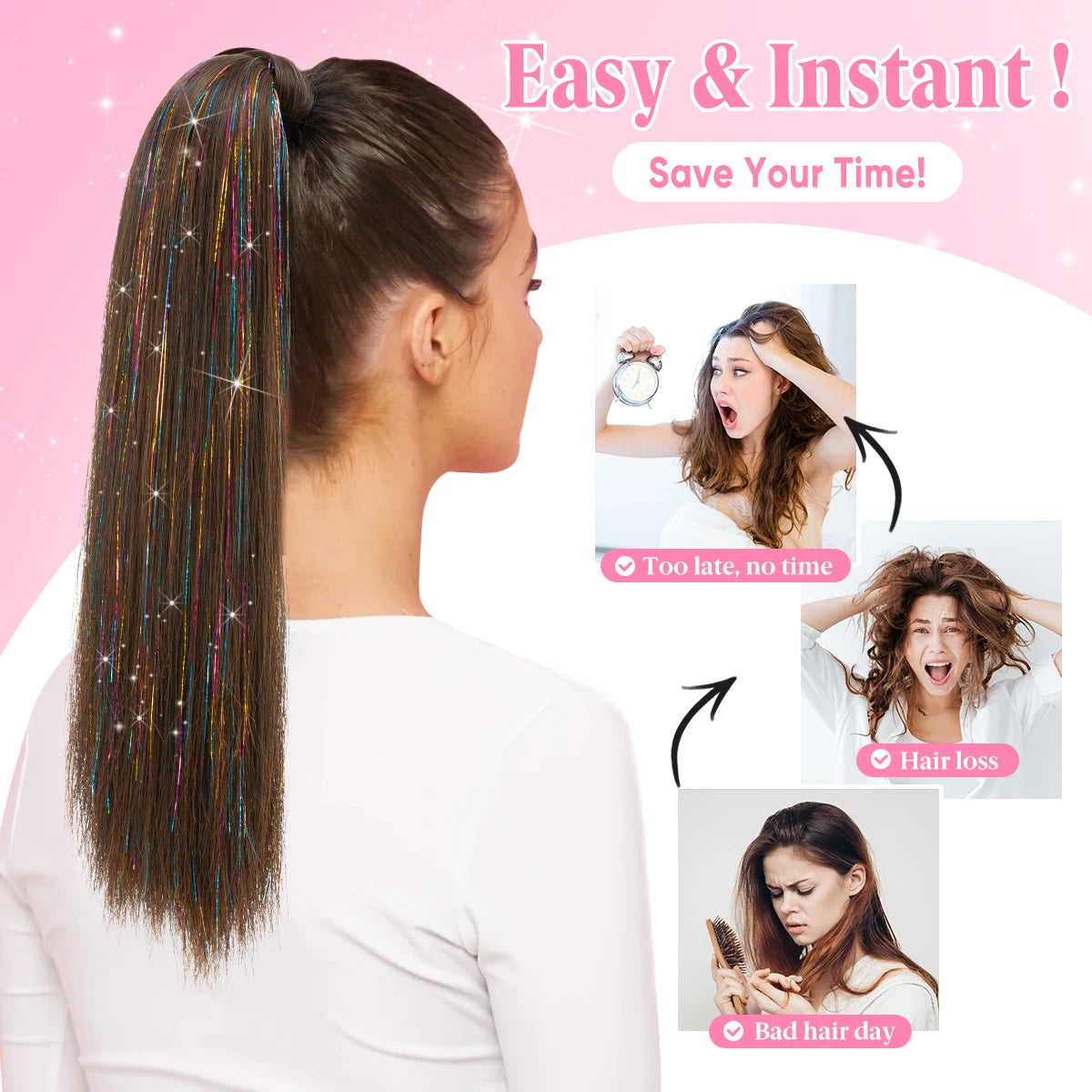 Synthetic Straight Clip in Ponytail Hair Tinsel Kit Strands Fake Hairpiece Wrap Around Sparkle Natural Hair Pigtail For Women - MONA HAIR 