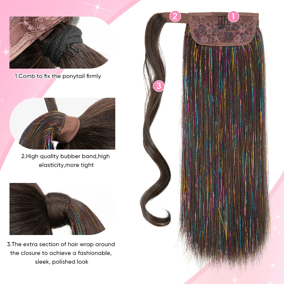Synthetic Straight Clip in Ponytail Hair Tinsel Kit Strands Fake Hairpiece Wrap Around Sparkle Natural Hair Pigtail For Women - MONA HAIR 