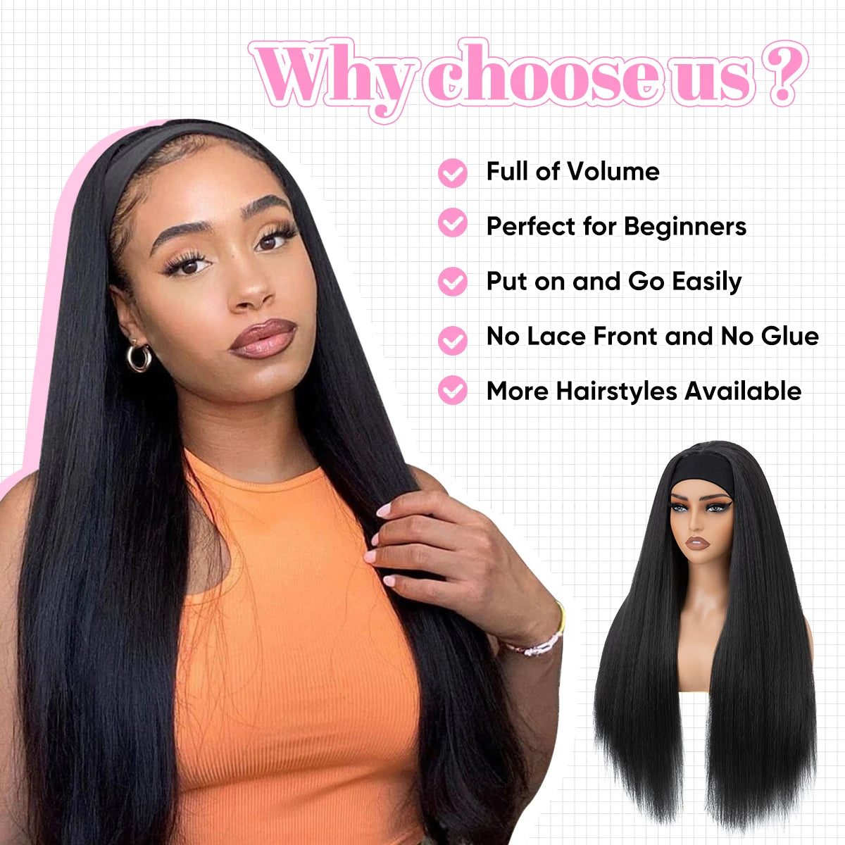 Synthetic Straight Headband Wigs Long Ombre Natural Brown Black Blonde Wig Grip Scarf Hair For Women - MONA HAIR 
